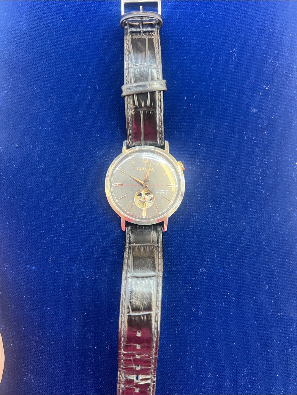 Bulova Black Dial Gold-Tone Case Men's Leather Strap Watch